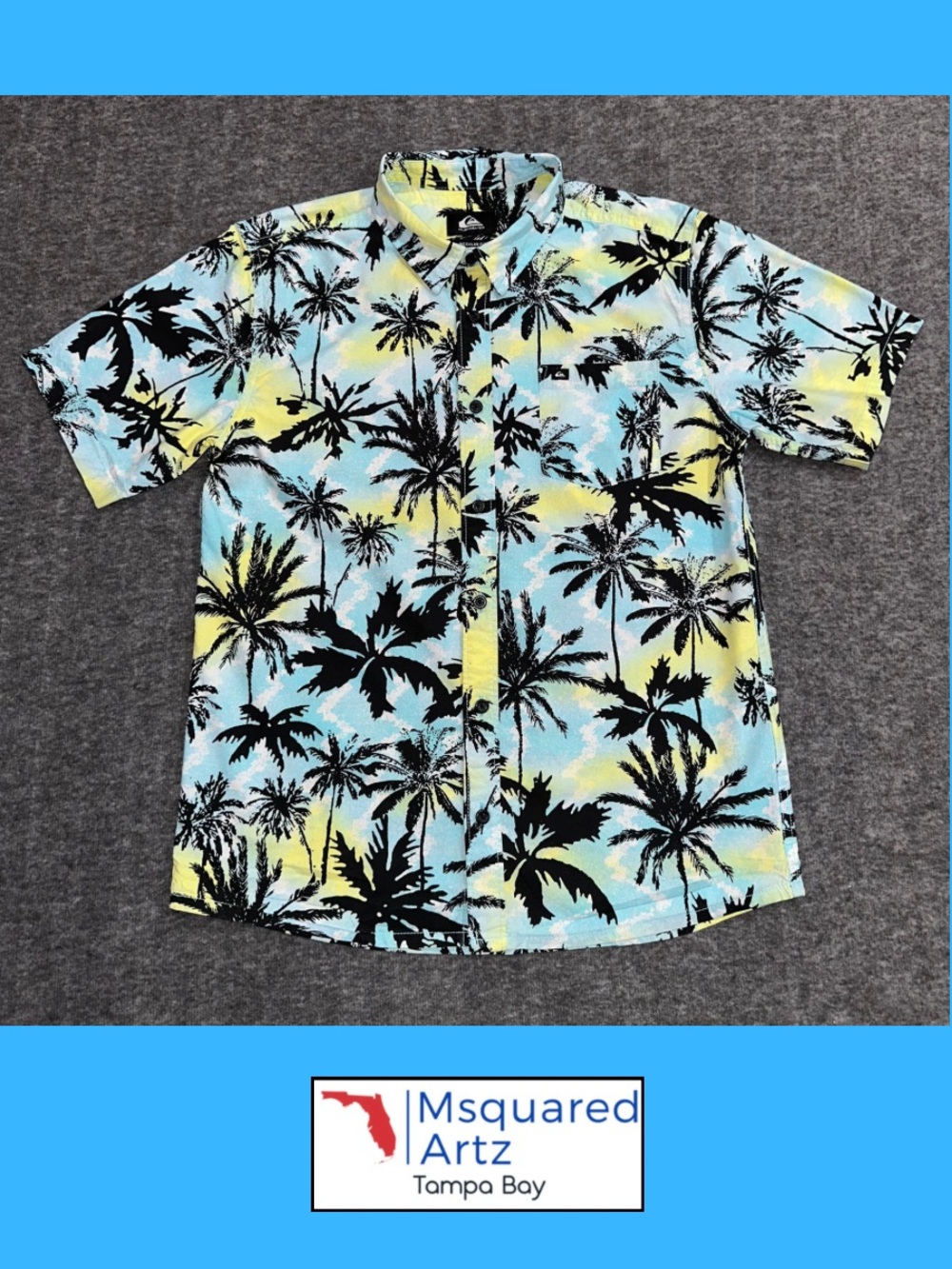 Quiksilver Boys Large Tropical Palm Tree Button Up Shirt Blue Yellow Surf